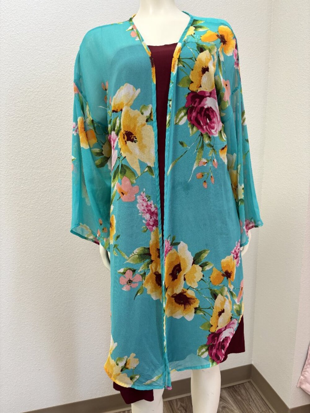 Emerald Floral Sheer Kimono Cardigan Cover Up Large Turquoise Boho Duster